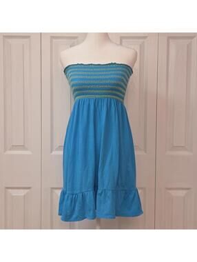 Vintage Y2K Turquoise Mini Tube Dress Size 1 (XS) Smocked Strapless Boho Summer